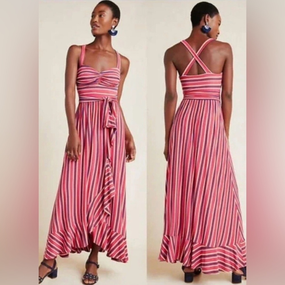 Anthropologie Maeve Gabriella High Low Dress in Pink/ Navy Stripes